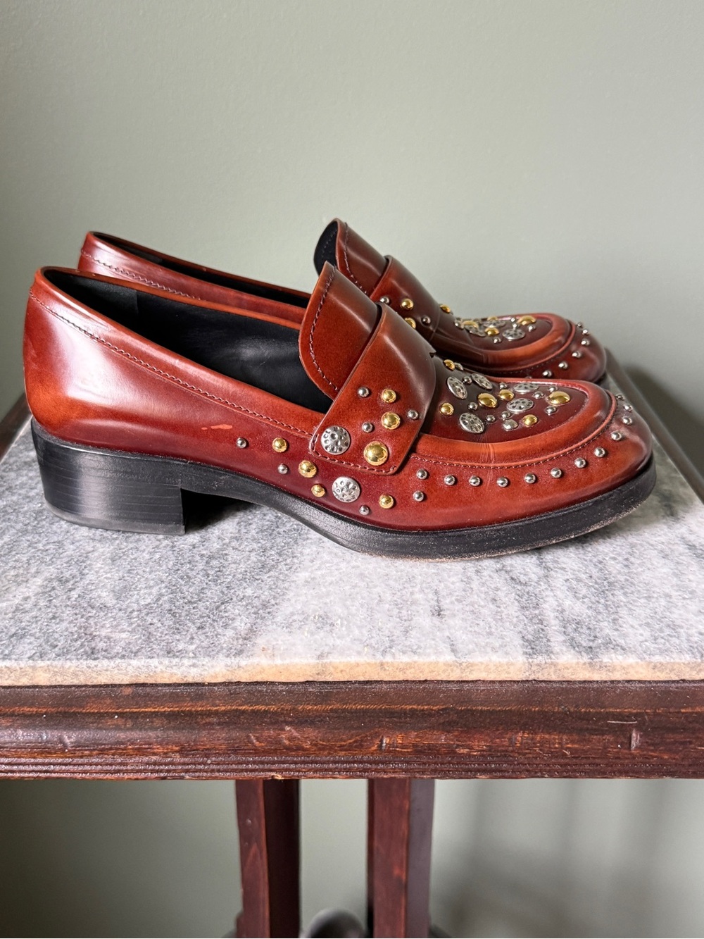 Prada Brown Leather Studded Loafers - Size 36.5 - Picture 4 of 8